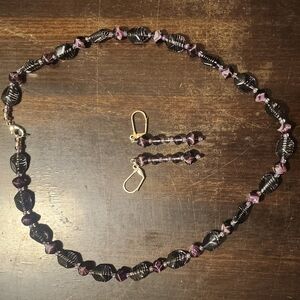 20" purple striped bead necklace with earrings